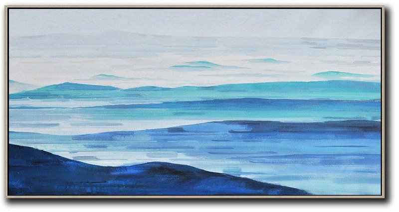 Handmade Large Painting,Panoramic Abstract Landscape Painting,Modern Living Room Decor,Grey,White,Blue